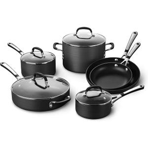 Calphalon 10-Piece Non-Stick Kitchen Cookware Set Black Pots & Pans with Stay-Cool Stainless Steel Handles Hard-Anodized Aluminum for Even Heating