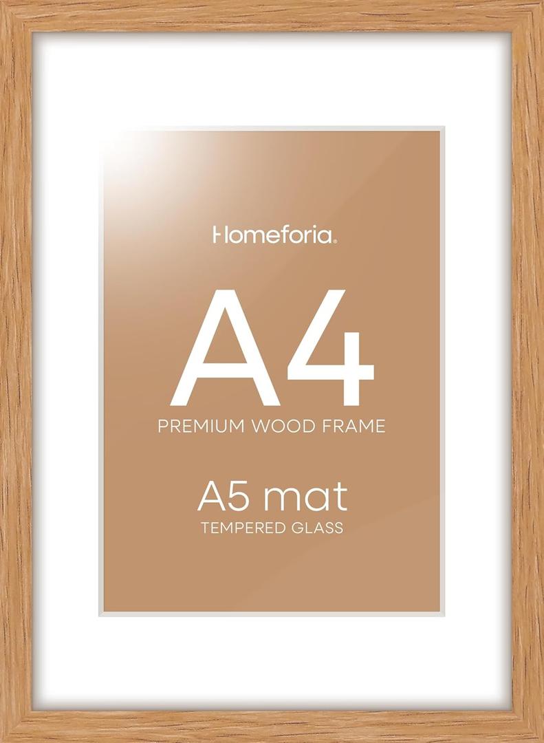 Homeforia A4 Frame Wood, High-End A4 Wooden Frame for Wall or Tabletop, Natural Oak 8.3 x 11.7 Frame with Mat for A5, A4 Photo Frame Wood, Tempered Glass, Wall Kit, Set of 1