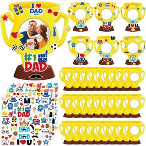 Motipuns 80 Pcs Father's Day Picture Frame Craft Kits, Included 30 Pcs DIY Cardboard Photo Frame, 20 Pcs Father's Day Stickers and 30 Pcs Decorative White Ribbon for Game Activities (Trophy Shape)