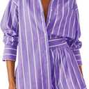 Tankaneo Womens 2 Piece Outfits Striped Long Sleeve Button Down Collared Shirt Matching Shorts Sets (Medium, Purple)