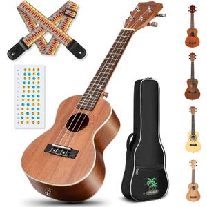 CAHAYA Concert Ukulele Kit Beginner Starter 23 Inch with Gig Bag, Rainbow Strap, Fretboard Stickers, for Adults Sapele, Model CY0070 (Dark Brown)