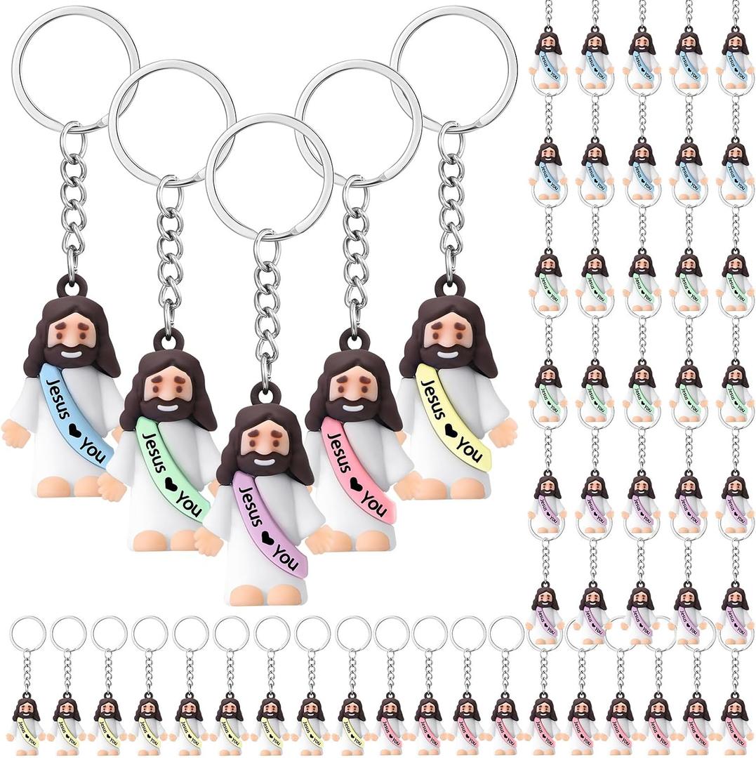 Sumind 48 Pcs Jesus Toys Figurine Christian Keychain Jesus Doll Religious Keychain Bulk Classic Christian Rings for Christ(Macaron Color,White Jesus Loves You)