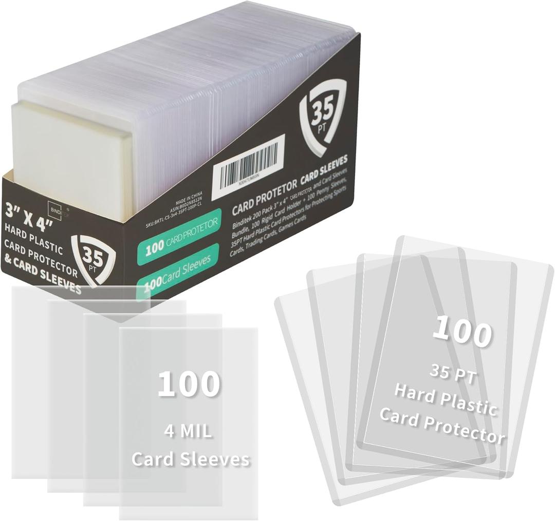 Binditek 200 Pack 3" x 4" Hard Plastic Card Protectors and Sleeves Bundle, Includes 100 Rigid 35PT Card Protectors and 100 Penny Sleeves for Sports, Trading, Baseball, Football