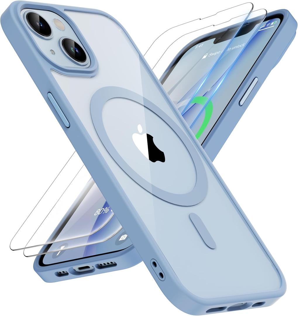 ORETECH Magnetic for iPhone 13 Case, [Compatible with MagSafe] [2 Pcs 9H Screen Protectors] [15 FT Military Grade Drop Protection] Transparent Back Shockproof Bumper Thin Cover - Sierra Blue