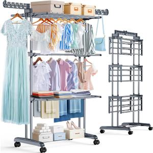 Upgraded 4-Tier Clothes Drying Rack, Drying Rack Clothing with Wheels, 19.68"D x 29.92"W x 67.70"H