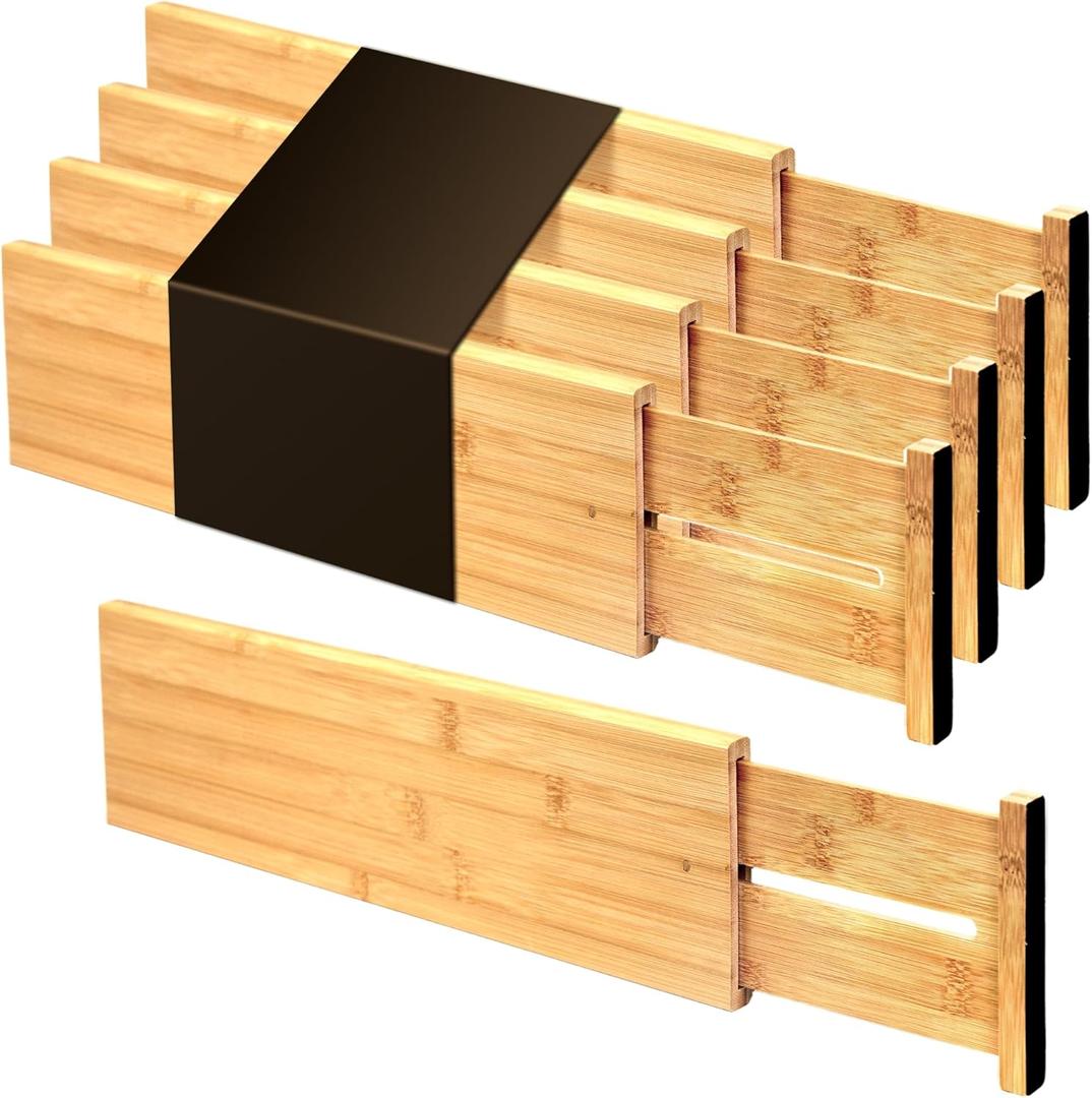 Utoplike Bamboo Drawer Dividers Large, 4'' High Adjustable Kitchen Drawer Organizers for Clothing, Spring Loaded, Works in Bathroom, Bedroom, Dresser, Desk, 4 pcs (Natural)