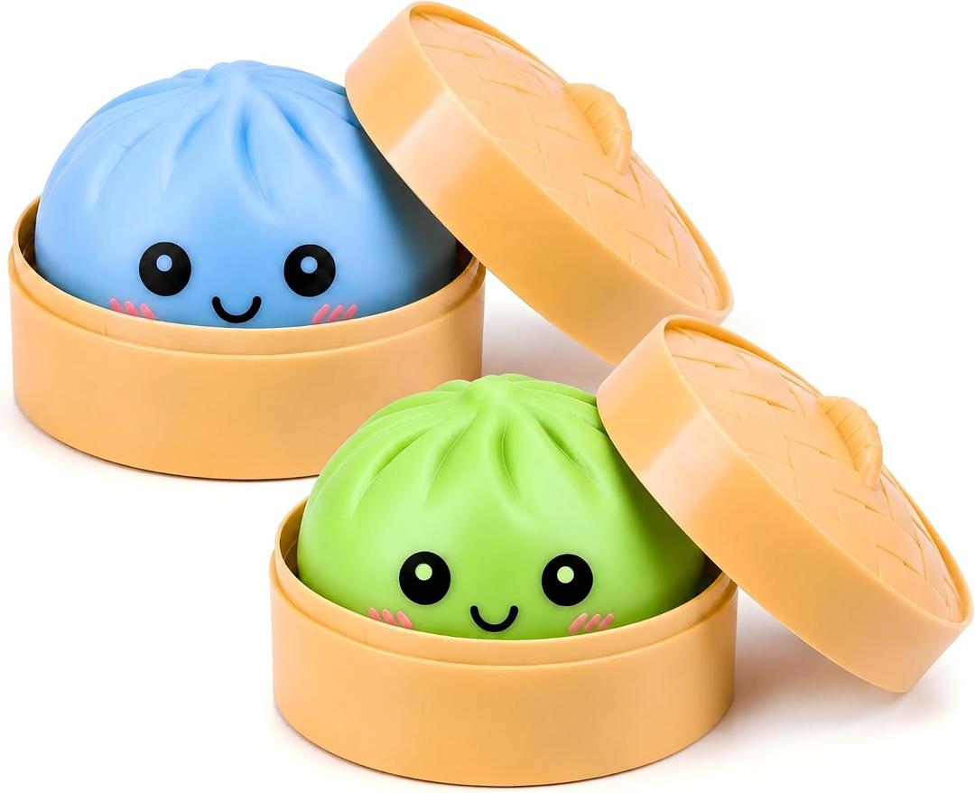 2 PCS Mystery Green Blue Dumpling Squishies with Steamer Box,Soft Stretchy Bao Bun Stress Relief Balls,Sensory Fidget Squeeze Toys for Anxiety Relief,Decompression Desk Toys