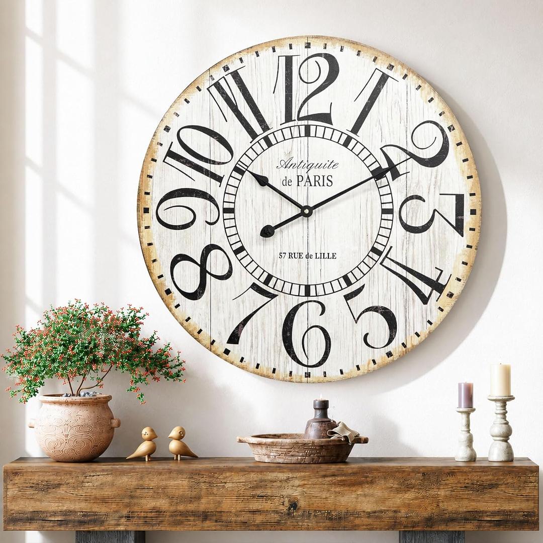 Farmhouse 24 Inch Wall Clocks, Large Vintage French Wooden Wall Clocks, Silent Non-Ticking Battery Operated Wall Clocks for Living Room,Kitchen,Bedroom (Brown)