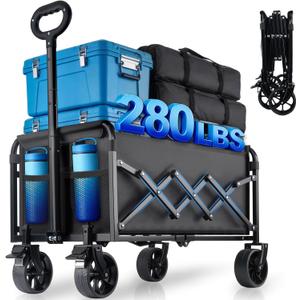 Collapsible Wagon Cart Foldable with Wheels - 280LBS Large Heavy Duty Folding Utility Wagon with All-Terrain Wheels & Brakes for Shopping Garden Beach Camping, 2 Drink Holders/Lightweight/Black