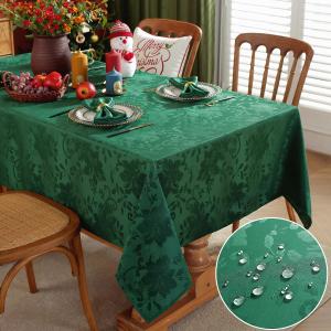 SASTYBALE Christmas Tablecloth Rectangle, Green Poinsettia Jacquard Tablecloths 52 x 70 Inch Spillproof Wrinkle Free Damask Fabric Table Cover for Winter, Xmas & New Year Gathering Decor