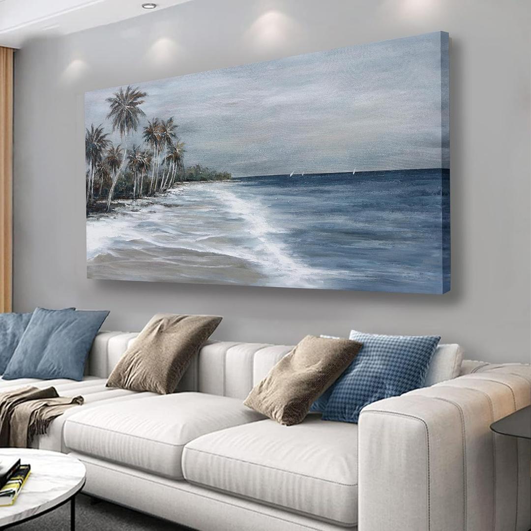 Coastal Wall Art Blue Gray Beach Wall Decor Landscape Abstract Canvas Painting Modern Ocean Artwork Framed for Living Room Bedroom Bathroom Office Decor 58"x29"Can Be Hung Directly