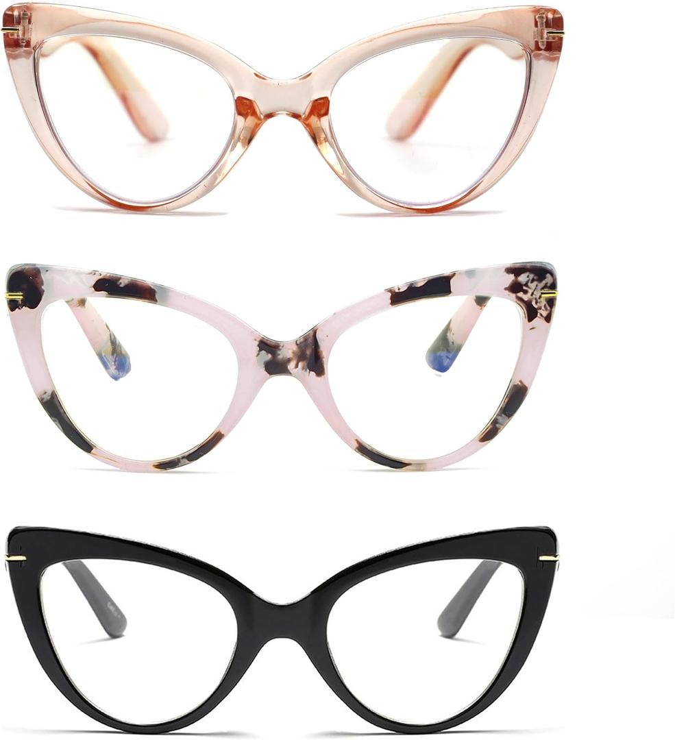 Oversized Cat Eye Reading Glasses for Women Fashion Cute Blue Light Blocking Computer Readers(3-Pair,+2.50)