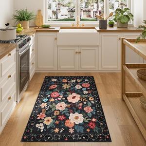 DUKINO 3x4 Area Rug, Lightweight Non Slip Washable Floral Rug, Indoor Low Pile & Non-Shedding Boho Design Carpets for Bedroom, Kitchen, Dining Room, Black