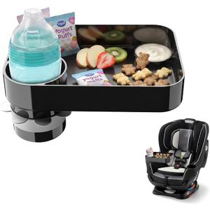 Car Seat Snack Tray for Toddlers, Square Mess-Free Car Seat Tray with Cup Holder & Dip Compartment, Travel Tray for Kids Snacks, Drinks, Fits Most Car Safety Seats (1, Black)