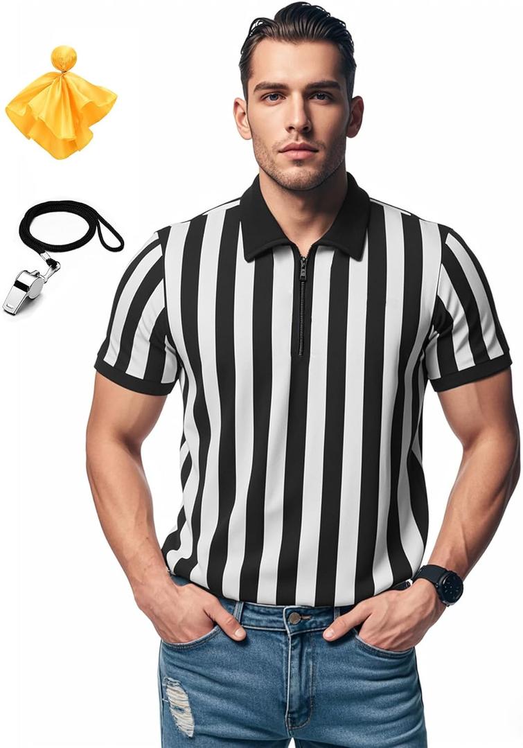 Men's Referee Shirt Collared Official Mens Ref Shirt Jersey Short Sleeve Black and White Stripes Football Halloween Costume (Medium)