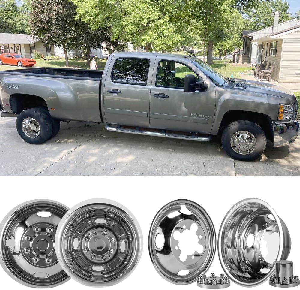 4X 16 Screw On Wheel Simulators Compatible with 2001-2007 Chevy GMC 3500 Truck 2003-2021 G3500/G30 Van, 8 Lug Front Rear Dually Hub Caps Skins Liners Rim Covers Stainless Steel Polished 608GV