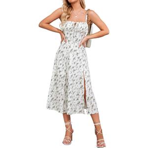 Women Summer Corset Midi Dress 2026 Floral Wedding Guest Flowy Slit Lace Up Dresses Tea Party A Line Casual Milkmaid Sundress (White, XXL)