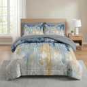 Nesker 7 Pcs Comforter Set King Size, Abstract Oil Painting Bedding Set for Kids and Adults, Navy Blue Gray Gold White Bed Sheet Sets with Fitted Sheet 2 Pillowcases & 2 Shams