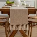 Alsoo Table Runners 108 Inches Long, Rustic Table Runner with Tassels, Boho Farmhouse Linen Texture Table Decor for Holiday Party and Wedding, 13x108 Inches, Beige