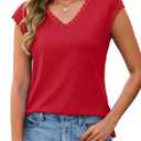 JUSTFASHIONNOW Lace Blouse Soft Cap Sleeve Tops for Women Summer V Neck Tank Tops Dressy Casual Shirts Trendy Clothes (Red)