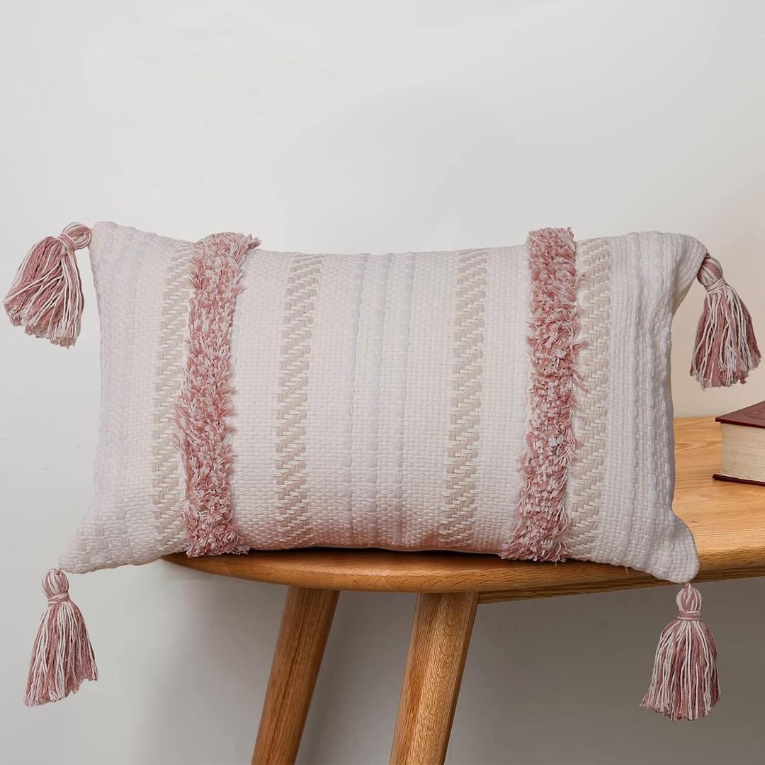 Boho Throw Pillow Covers Tufted Decorative Pillows Cover for Couch Bed Small Lumbar 12 x 20 inch Pillow Cover, Modern Accent Farmhouse Neutral Throw Pillow Case, Pink (20" x 12" (Pack of 1), Pink)