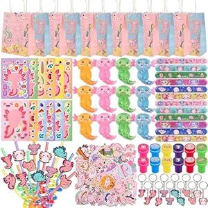 LiYiQ 134 Pcs Axolotl Party Favors included Straws Keychains Stamps Slap Bracelets Make Your Own Axolotl Stickers and Gifts Bags for Axolotl Birthday Party Supplies