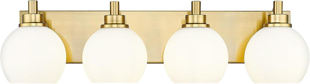 4-Light Brushed Gold Bathroom Vanity Light, Milk White Glass Globes