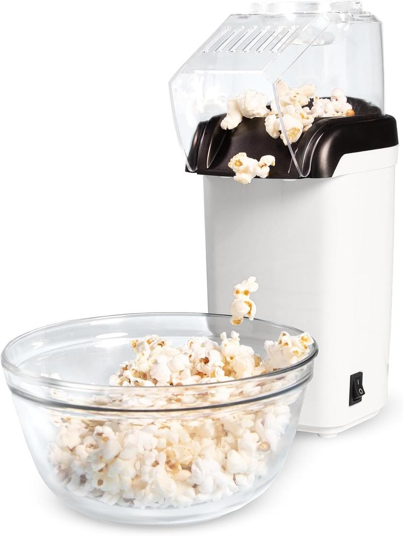 Tasty Hot Air Popcorn Popper, Healthy and Delicious Popcorn in Minutes, Fast and Easy-to-Use, Built-In Measuring Cup and Butter Warmer, 8 Cups, White