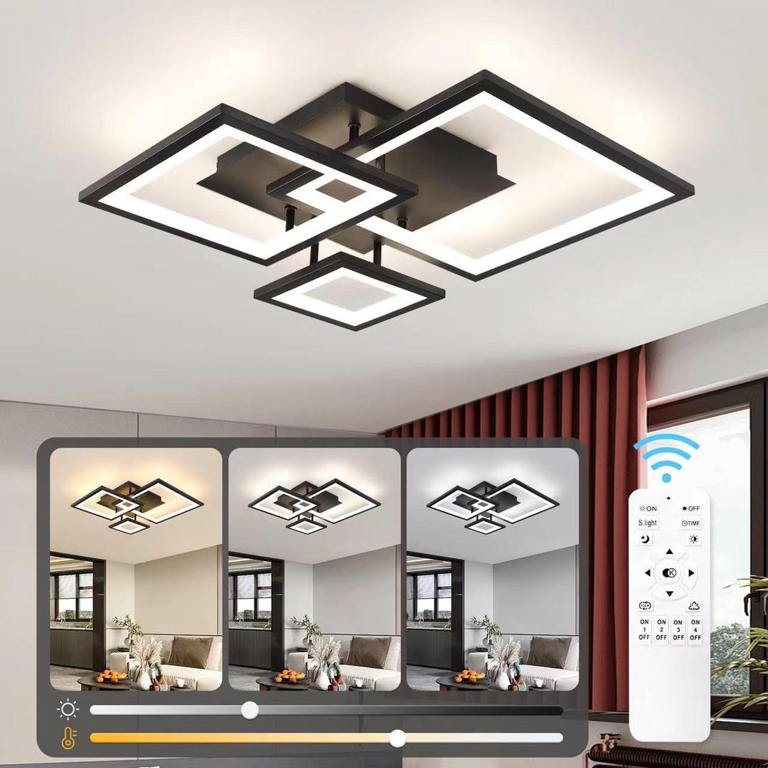 Modern Black Led Ceiling Light 3-Square Design 3000K-6500K Dimmable LED Ceiling Light with Remote 33W Acrylic Ceiling Lighting Fixture for Bedroom Kitchen Dining Room Office Lamps, 3Ring