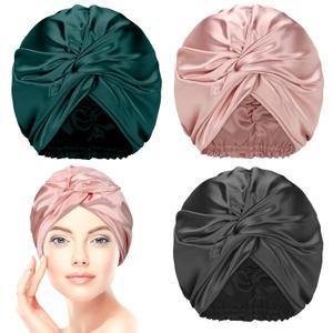 3 Pieces Silk Hair Wrap for Sleeping Women Bonnet Silk Sleeping Bonnet Elastic Hair Care Sleep Cap for Natural Curly Hair (Black, Rose Gold, Green) (Retro Color)