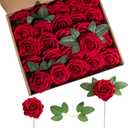 Artificial Flower Foam Rose 25pcs Real Looking Fake Rose with Stems Leaves for Home Decoration Party Garden Centerpieces DIY Wedding BouquetsDark Red