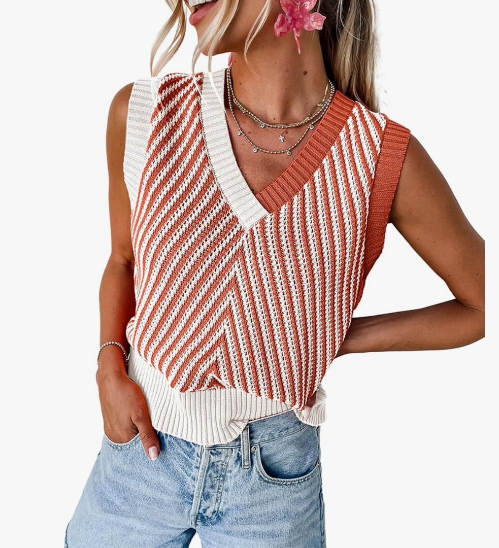 Women Sleeveless Sweater V Neck Casual 2025 Knitted Chevron V Neck Sweater Vest Color Block Pullover Sweater Top, S