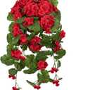 Briful Artificial Hanging Basket for Outdoor, Red Geraniums Fake Hanging Flowers Realistic Silk Flowers & Greenery Faux Hanging Baskets for Indoor Patio Balcony Ceiling