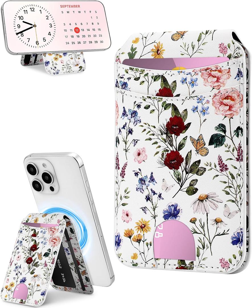 Jusy Phone Card Holder,Magnetic Phone Wallet Stand Adjustable Leather, Cute Pattern Wallet for Women Girls - Retro Flower