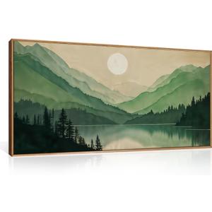 Watercolor Mountain Framed Canvas Wall Art Set, Boho Sun Forest Wall Decor, Green Scenery Wall Painting, Modern Woodland Artworks for Living Room, Bedroom, Dining Room, Office-20 x40x1