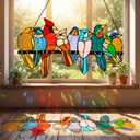 22x12.8 Inches Stained Glass Birds Window Hanging, 9 Multicolor Birds on Branch Suncatcher, Cardinal Hummingbird Kingfisher Glass Panel for Home Decorations, Gifts for Women Mom Grandma