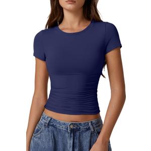 QINSEN Short Sleeve Shirts for Women Round Neck Basic Double Lined Tees Fitted Y2k Crop Tops (X-Large, Estate Blue)