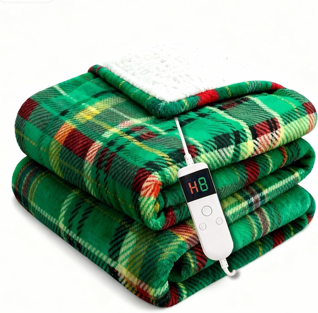 Electric Blanket Heated Throw, Soft Flannel 50"x60" Plaid Heating Blanket with 8 Hours Auto Off 10 Fast Heating Levels Machine Washable Sherpa Heated Blanket with Overheating Protection (Green)