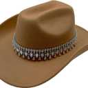 Shiny Rhinestone Women's Cowgirl Hat Western Cowboy Retro Panama Unisex Sequin Wide Brim Hat (Khaki)