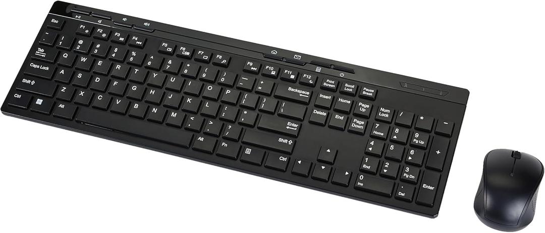 Amazon Basics Wireless Keyboard and Mouse Combo, Full-Sized, QWERTY Layout, 2.4 GHz USB Plug & Play Receiver, Sleek Design, Black