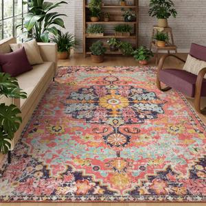 Lahome Area Rugs 9x12 Rugs for Living Room,Large Bedroom Dining Room Rug,Boho Vintage Soft Non-Slip Non-Shedding Low Pile Printed Indoor Carpet for Nursery Kids Home Office(9x12ft,Fuchsia) (9' x 12', Fuchsia/Multi)