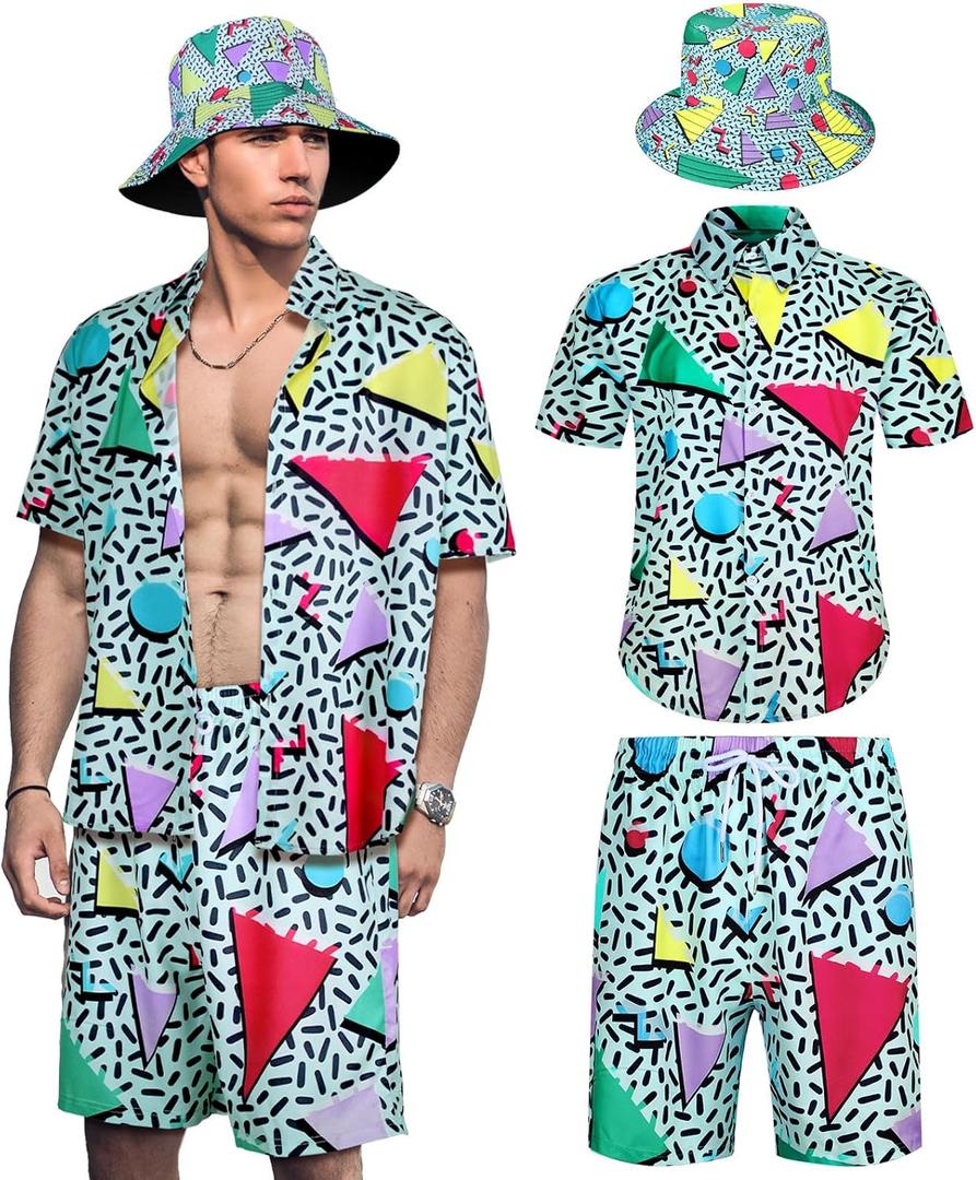 Geosar Men's 2 Pcs 80s 90s Outfit for Men Hippie Shirts and Shorts Set with Hat Neon Disco Halloween Party Costume Clothes (M)