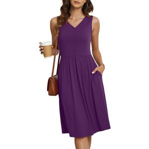 Summer Casual Dresses for Womens Tank Empire Waist Sun Dress Flowy V Neck Cold Shoulder Dresses with Pockets, Medium, Puprle