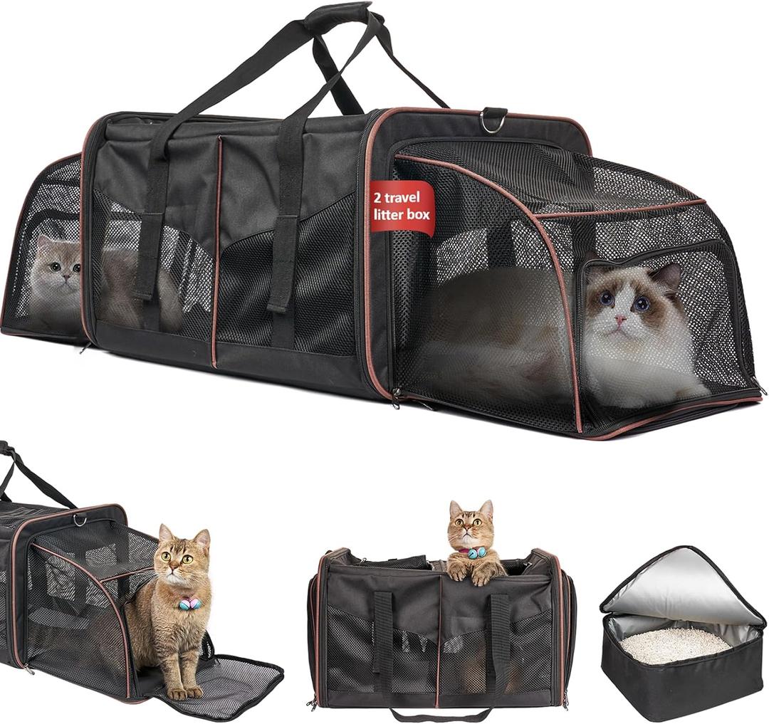 Cat Carrier for 2 Cats, Large Cat Carrier with Litter Box for Car Travel, Portable Dual Cat Travel Carrier Bag for Traveling, Double Cat Travel Carrier for Car, Pet Carrier Bag (Black)