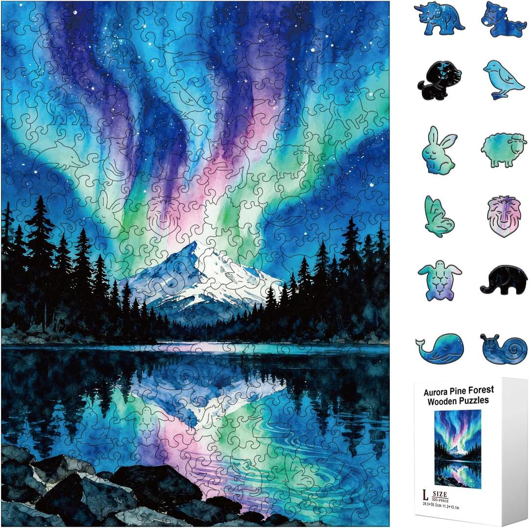 300pcs Wooden Puzzles for Adults Unique Animal Shaped Pieces | Colorful Funny Jigsaw Puzzle Challenging Brain Teaser for Family Game Birthday Gift Home Decor (Arctic Aurora Pine Forest)