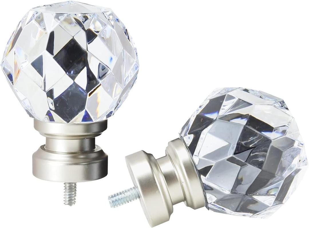 Decorative Curtain Rod Finials, Luxury Crystal-clear Faceted, Round, Set of 2, Compatible with 1 or 1-1/8 dia curtain rod, Standalone finial pair, Silver