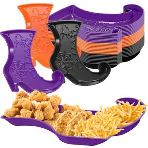 Uiifan Witch Party Decorations 24 Pcs Witch Boot Serving Trays Halloween Birthday Party Supplies Halloween Plastic Plates Disposable Dinnerware Plates Black Orange Purple Table Decor