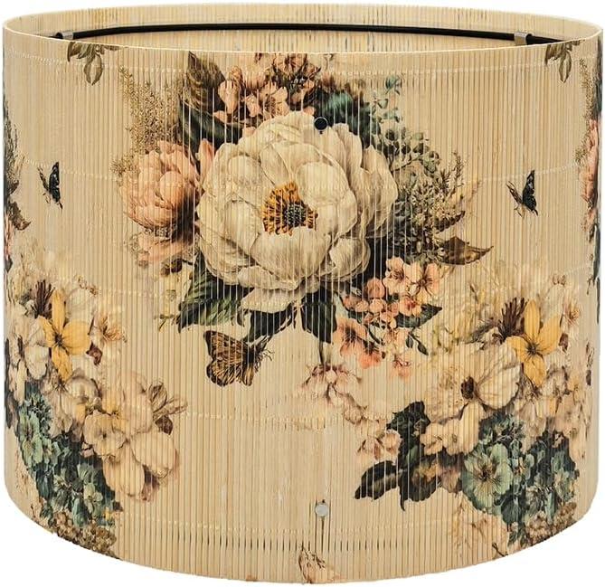 Bamboo Drum Lamp Shade for Table and Floor Lamps with Bird and Bamboo Art Design, 11.8 x 9 Inch, Elegant Style for Living Room Bedroom Office (Art Deco D)