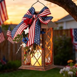 Patriotic Solar Lanterns Outdoor, Waterproof Garden Hanging Lanterns, 13" Patriotic Decorations Outdoor Lantern with Led Flameless Candles, 4th of July Lantern for Porch, Yard, Patio Decor
