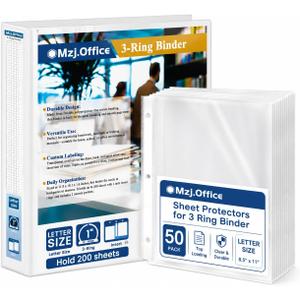 1 Inch Binders 3 Ring Set, White 1" Round + 50 Sheet Protectors